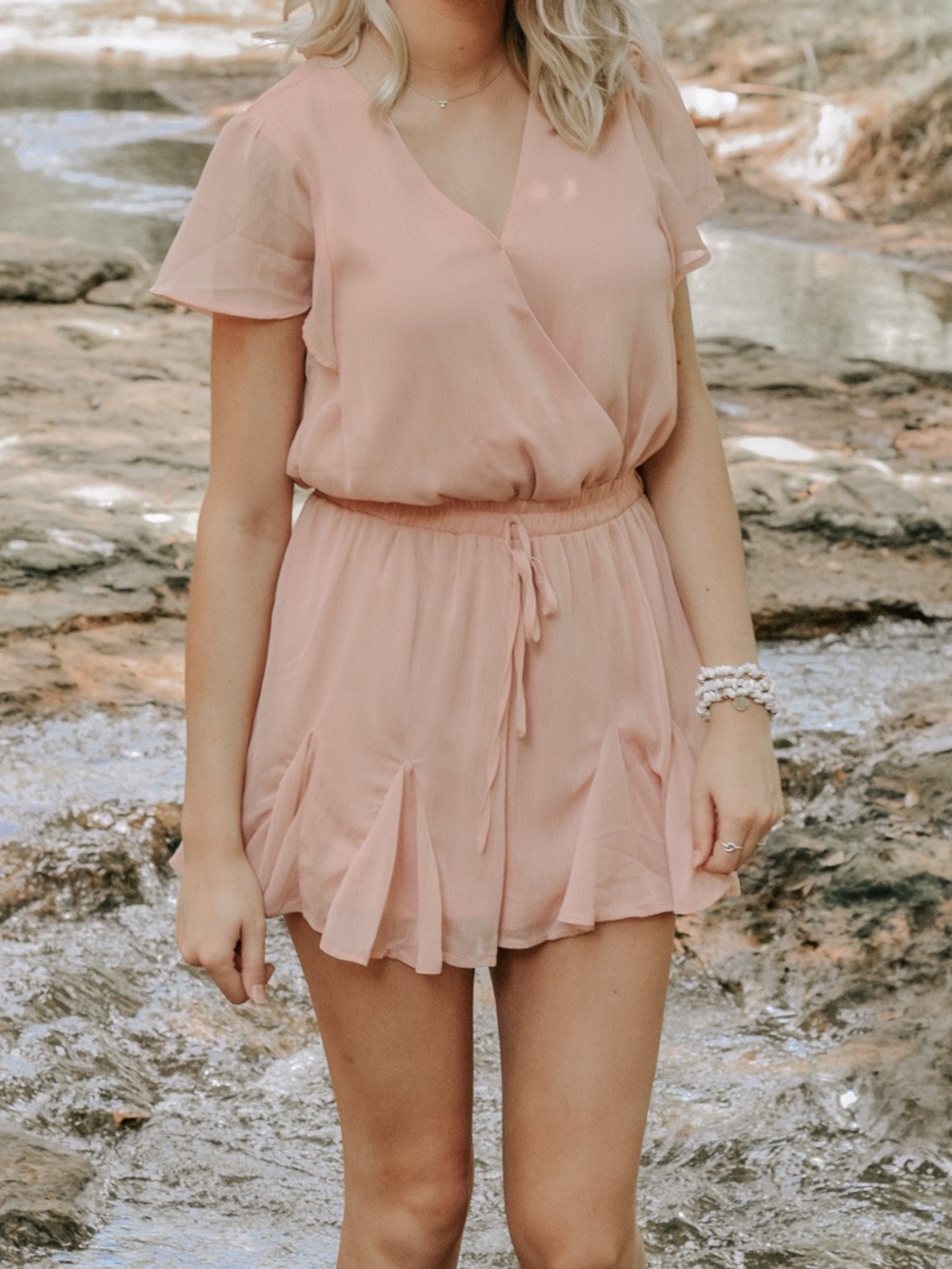Women’s Pink V-Neck Drawstring Waist Romper